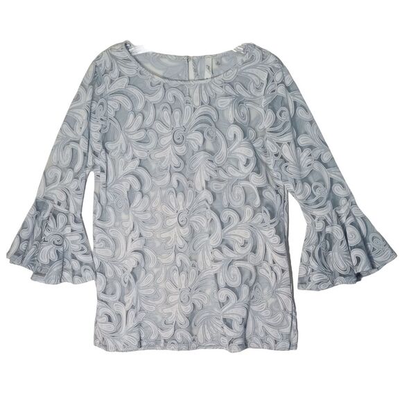 NY Collection Burnout Tunic Top Women Medium Blue  Bell Sleeve Sheer - Picture 1 of 11